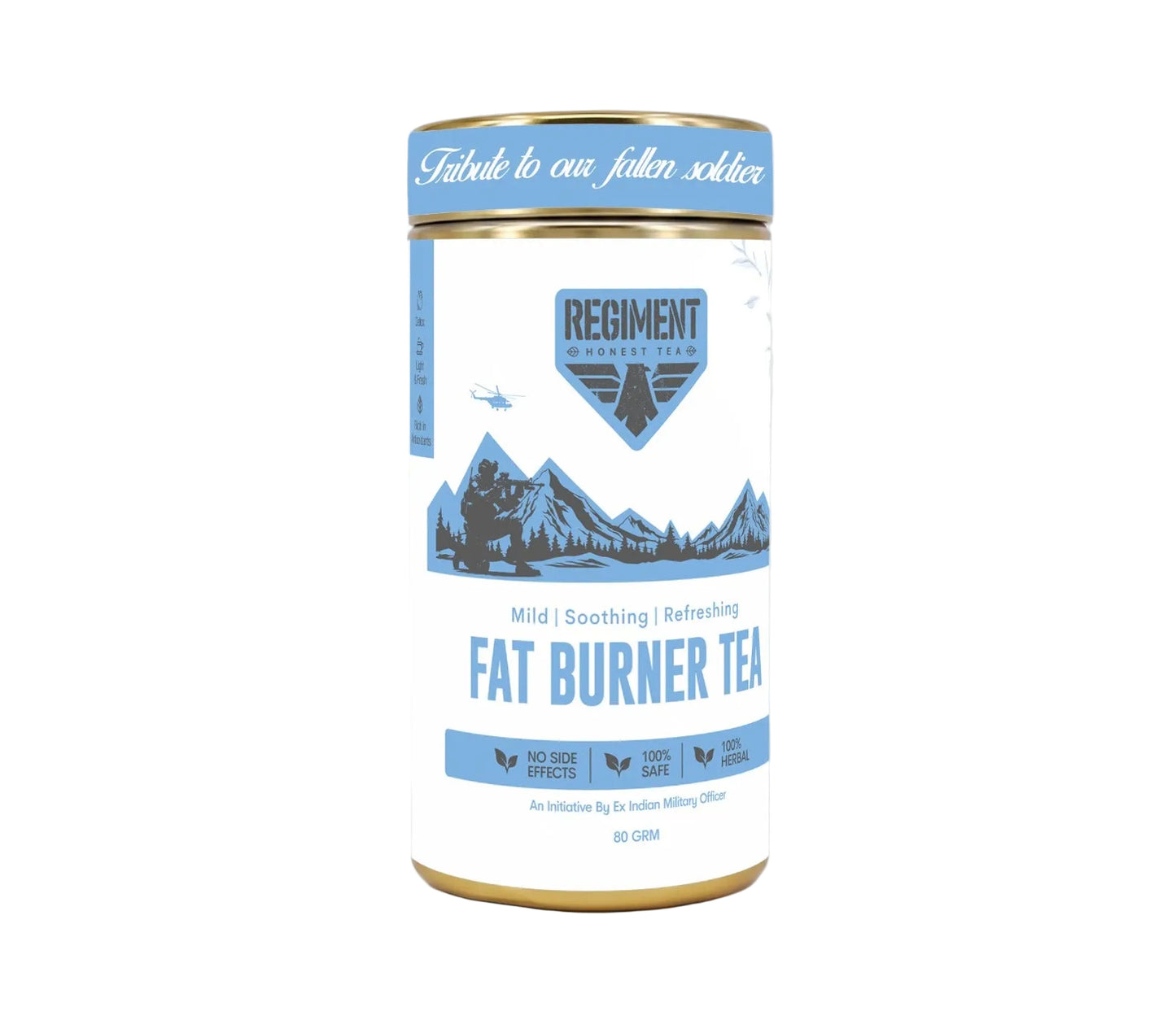 Fat burner tea canister with mountain design and 'Regiment' branding on a light gray background